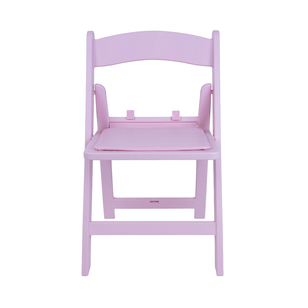 Front view of pink Child Size Americana Chair – compact folding event chair with removable seat cushion for easy cleaning, designed for children’s events.