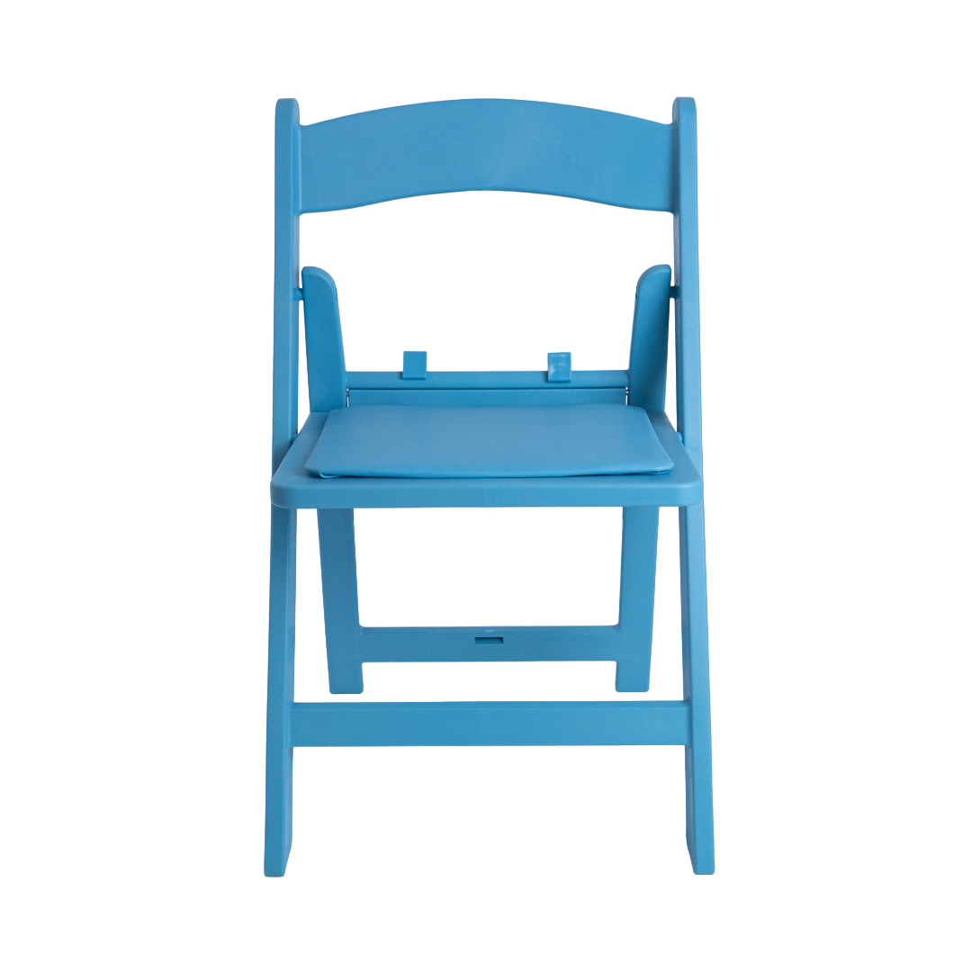 Front view of blue Child Size Americana Chair – sturdy and stackable polypropylene kids’ event chair with cushioned seat, suitable for indoor and outdoor use.