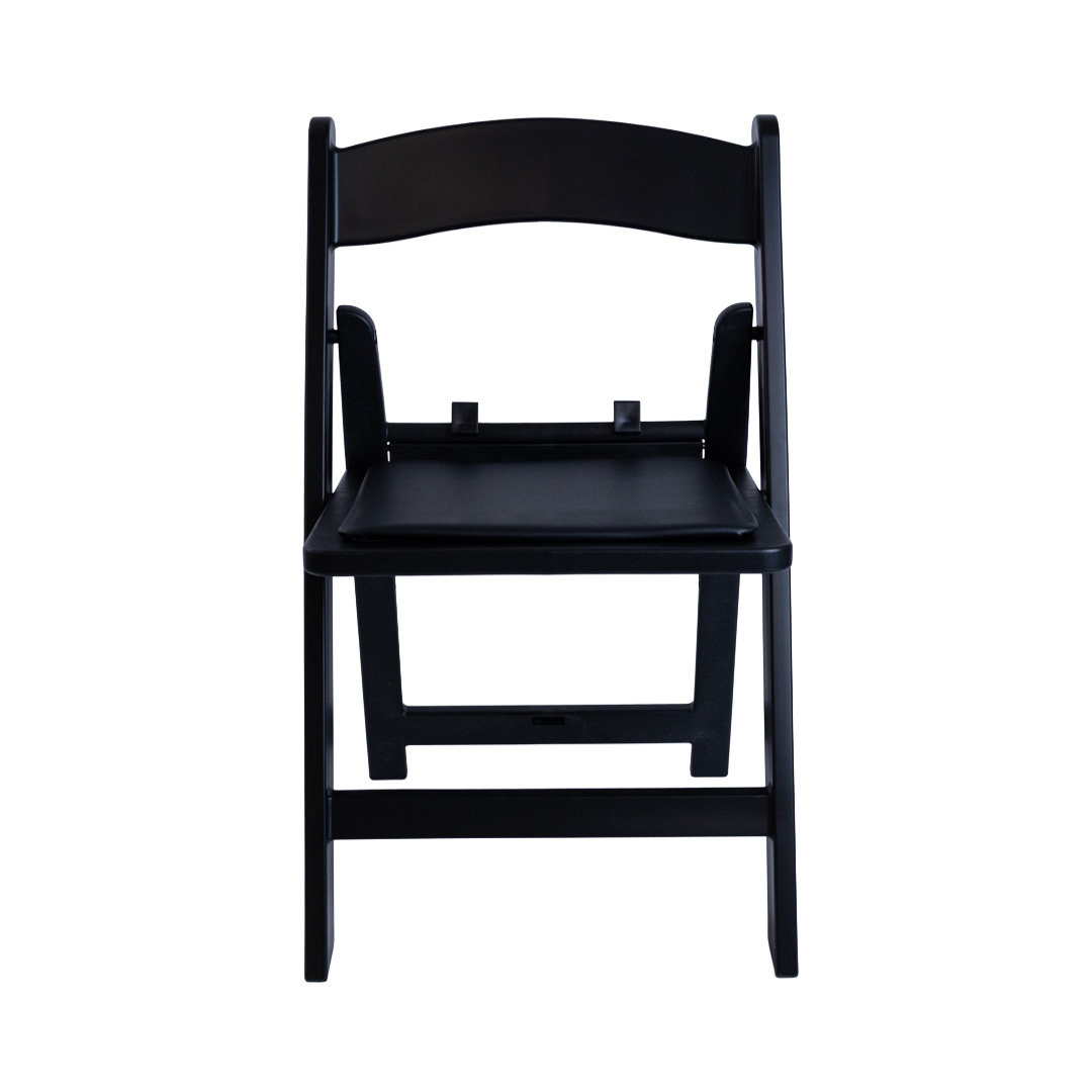Front view of black Child Size Americana Chair – strong and stylish folding kids’ event chair designed for comfort, portability and easy storage.