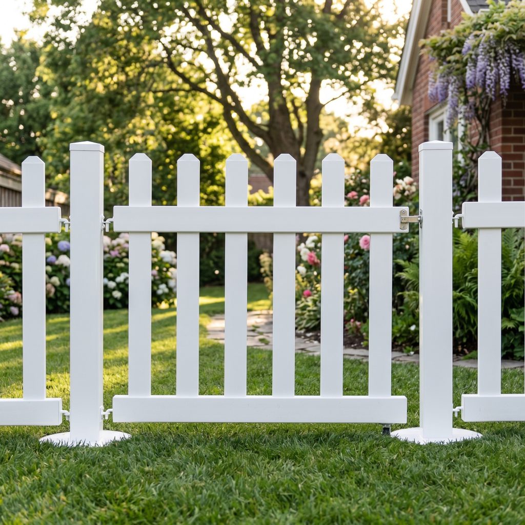 White Picket Fencing Set up in a backyard to keep dogs enclosed.