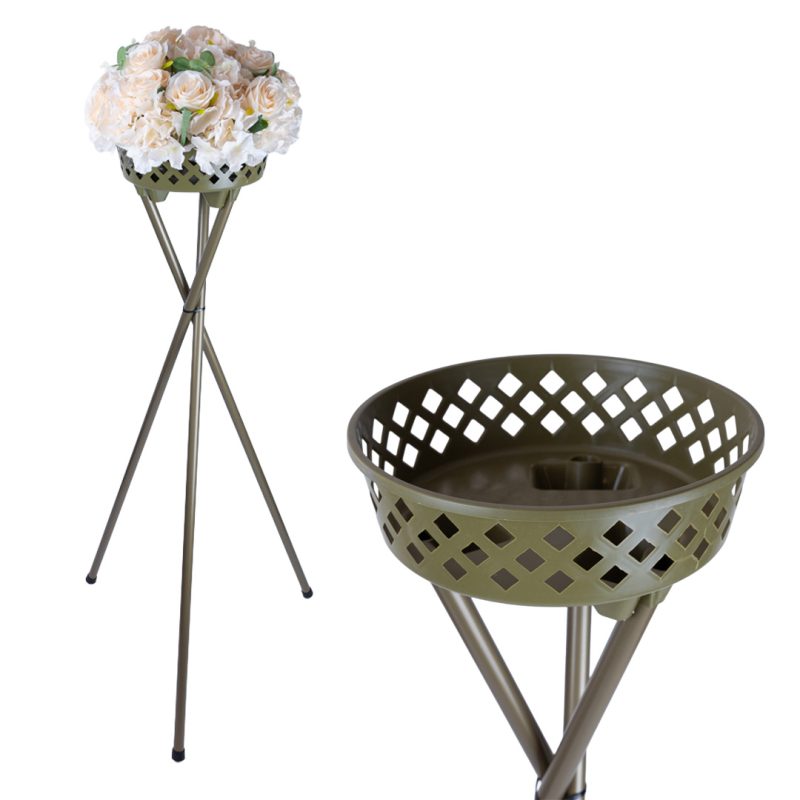 Plastic flower tripod stand 119cm in gold green colour shown with artificial flower ball arrangement – lightweight floral display stand for weddings and events.