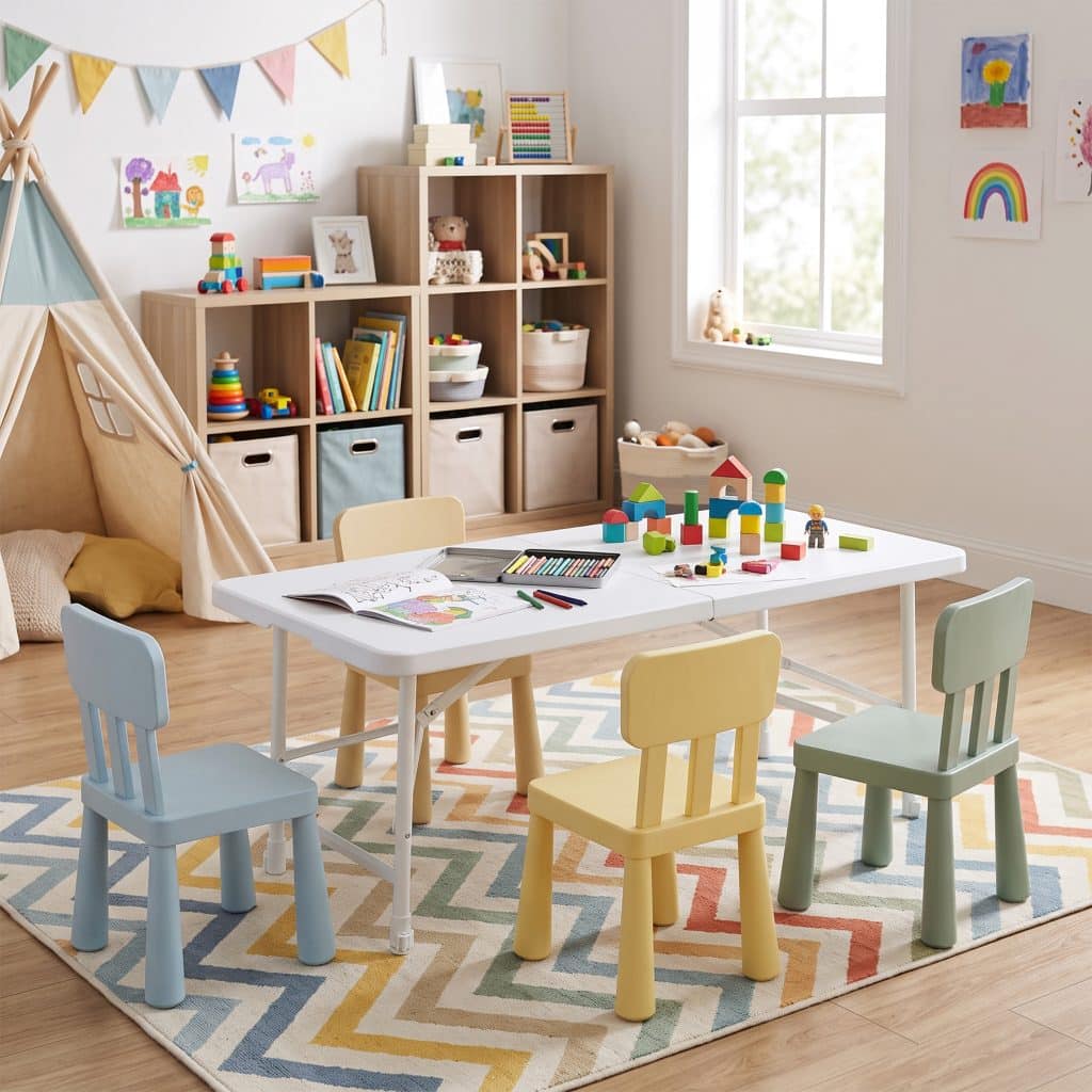 White child size trestle table in a playroom, set with building blocks and a colouring book, with four pastel kids chairs