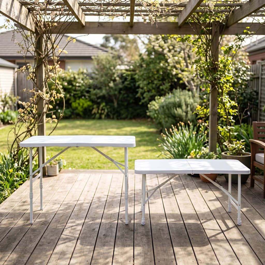 Two white kids folding tables on a timber deck, one set at 74cm and one at 51cm