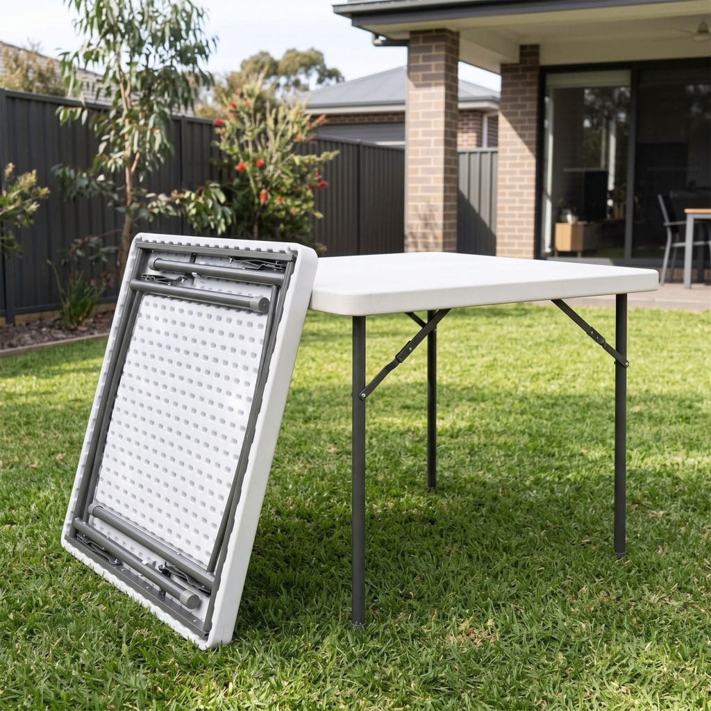 Two 87cm square folding trestle tables with grey legs on a backyard lawn, one set up and one folded flat