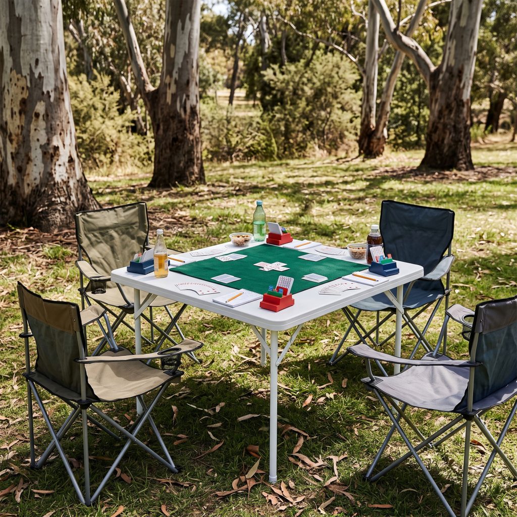 87cm square folding trestle table with white legs set up for bridge outdoors, with four camping chairs under gum trees