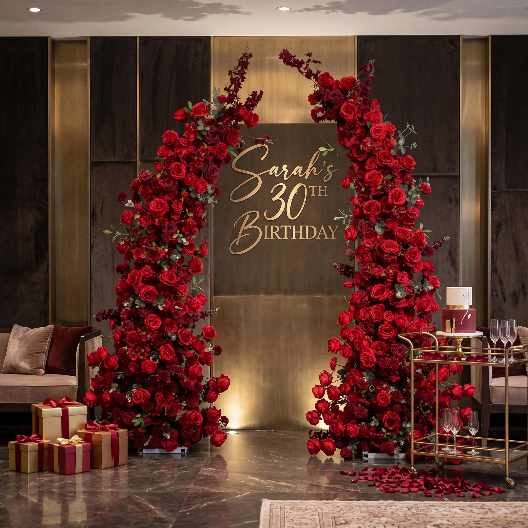 Red Crescent Floral Arch pair setup at an elegant birthday celebration