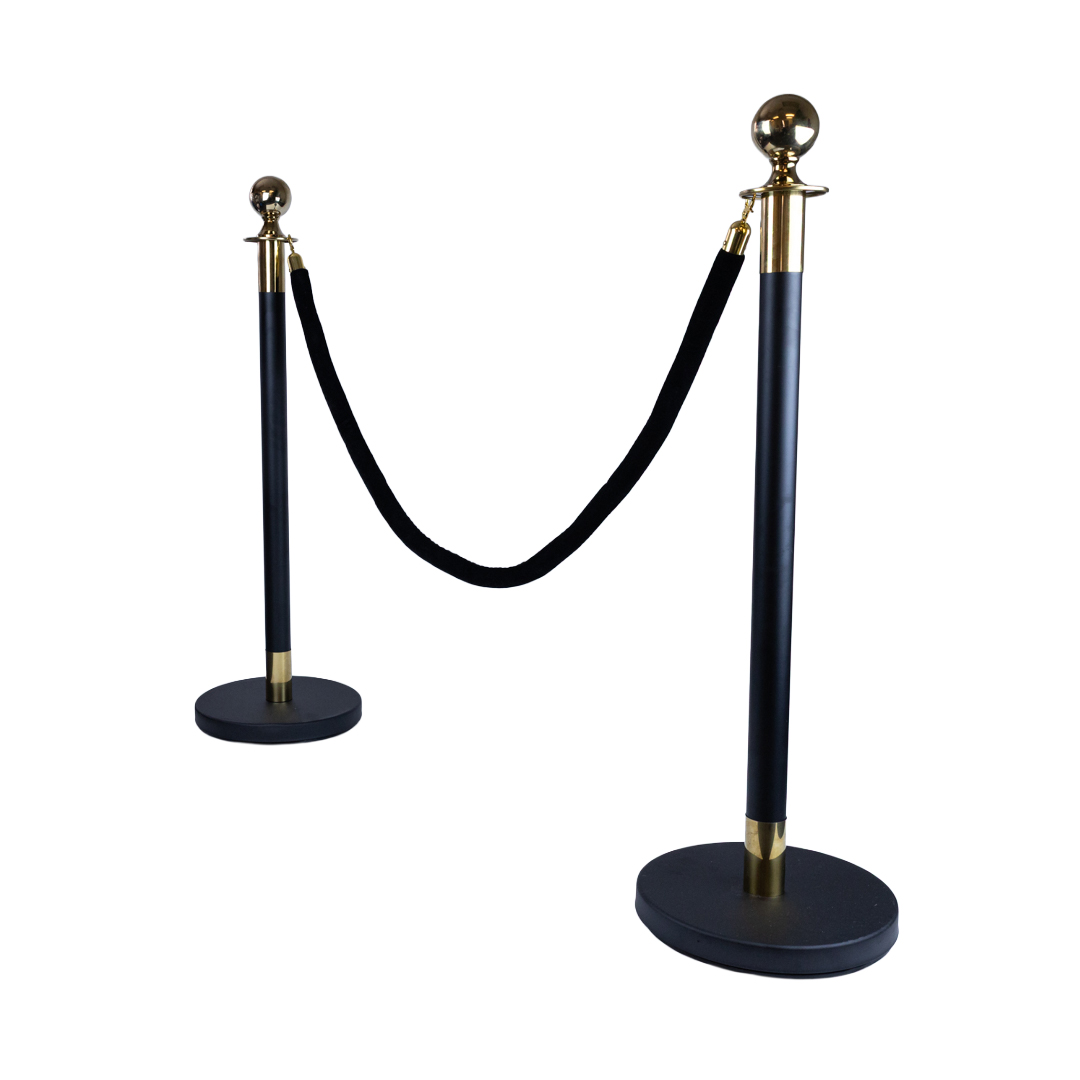 Black and gold VIP stanchion set with black velvet rope used for queue control at events shops restaurants and venues