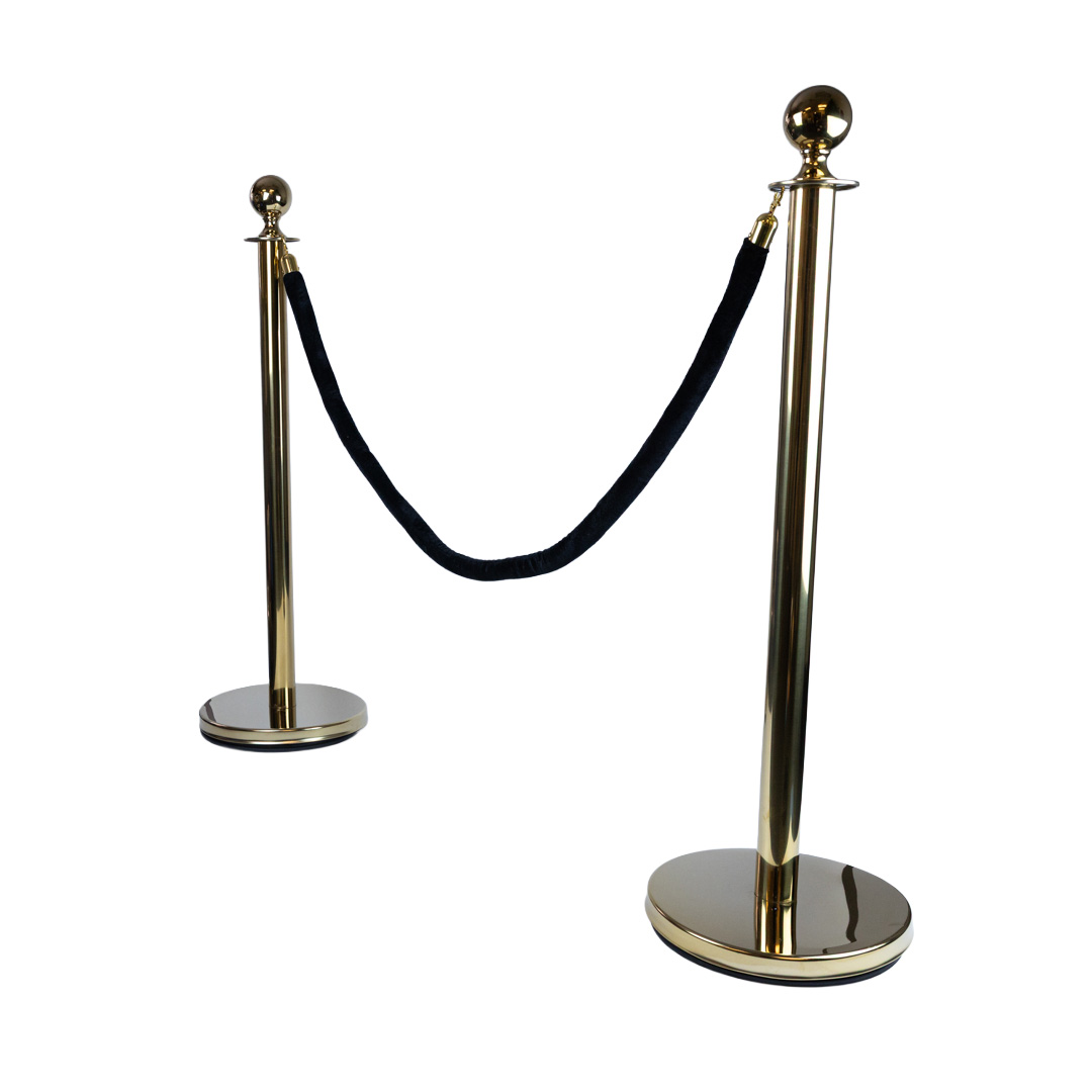 Gold VIP rope barrier set with black velvet rope ideal for crowd control in businesses function centres and event venues
