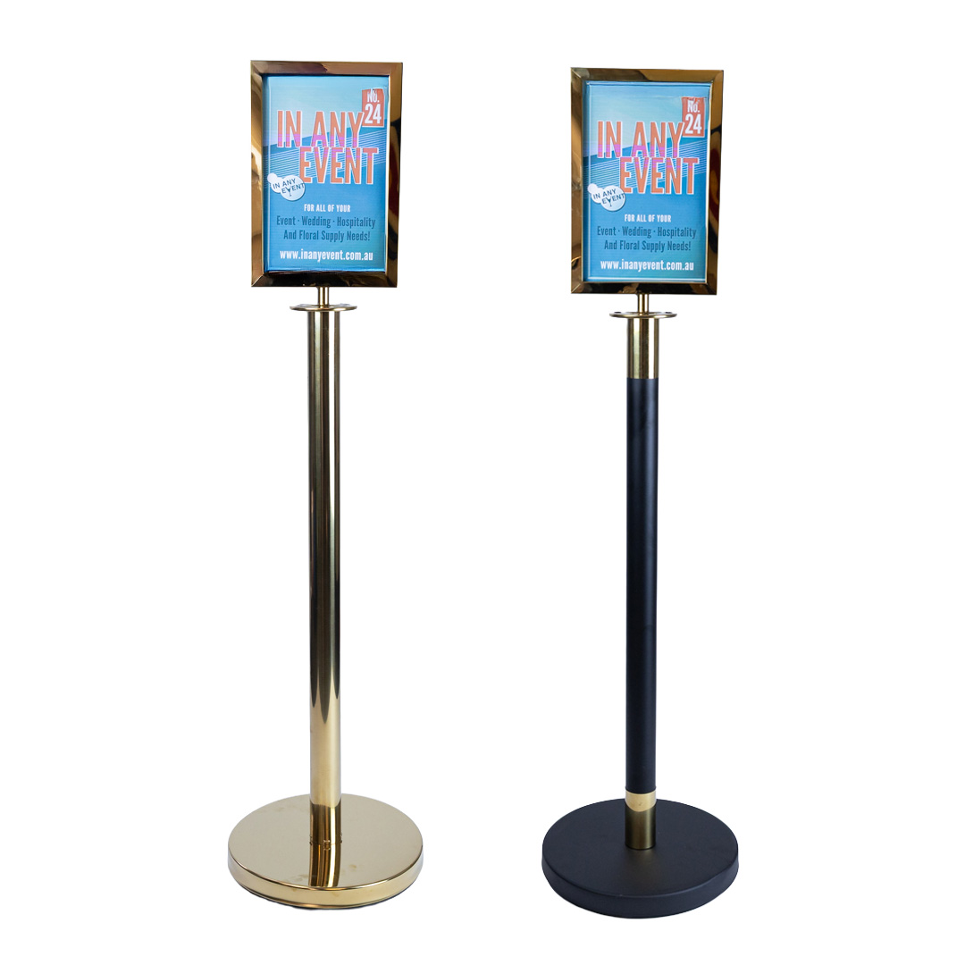 Gold and black VIP stanchion sign holder posts displaying A4 event sign for queue control in venues and events