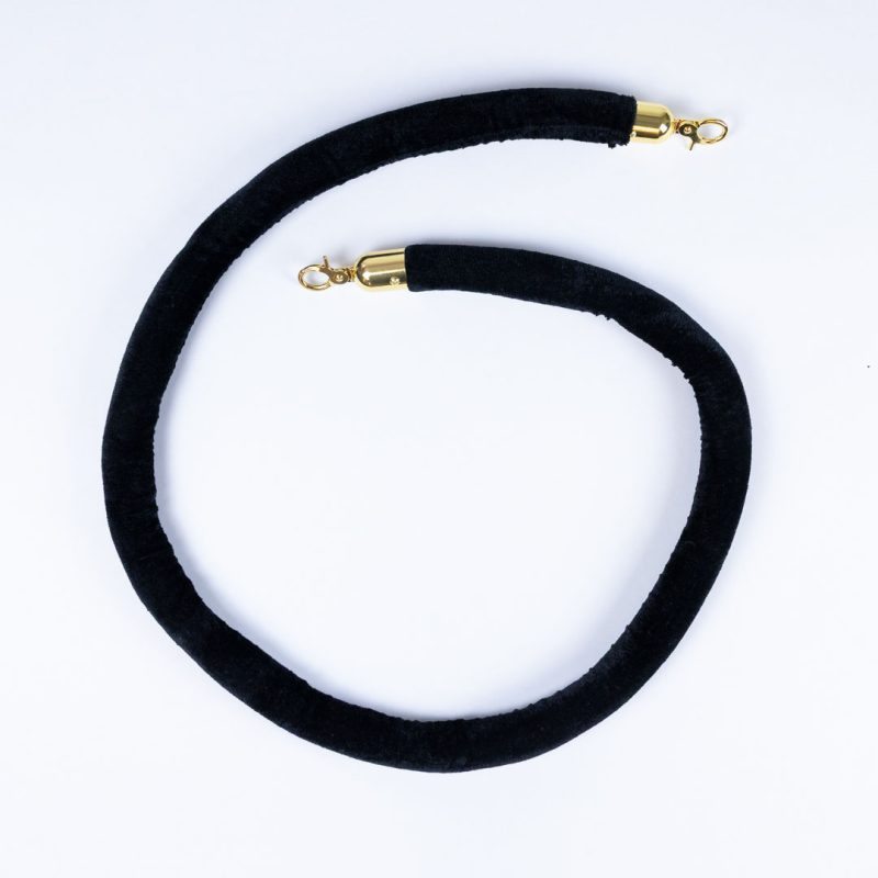 Black velvet stanchion rope with gold clip hooks for premium VIP crowd control barrier system used in venues shops and events