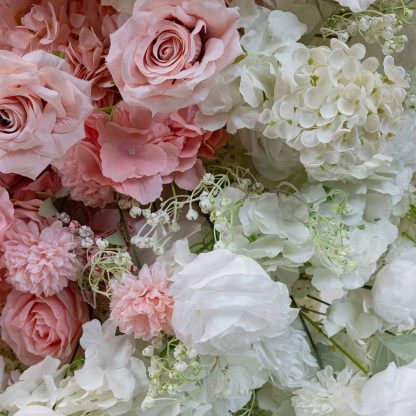 Pink And White Floral Arrangement for Wedding Backdrop and Arbour with Chrysanthemums, Roses, and Hydrangeas