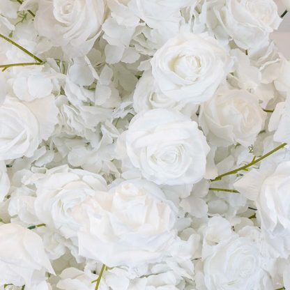 White Floral Arrangement for Wedding Backdrop and Arbour with Chrysanthemums, Roses, Hydrangeas