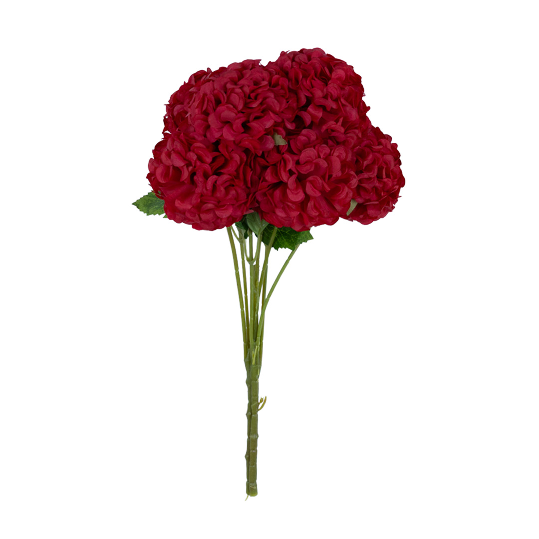 Artificial hibiscus flower bunch in deep red colour with 7 lifelike flower heads and green leaves on posable wire stems for home or event decor