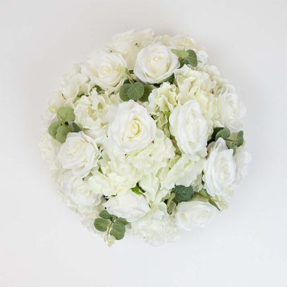 White Artificial Rose and Hydrangea Flower Ball with lush greenery