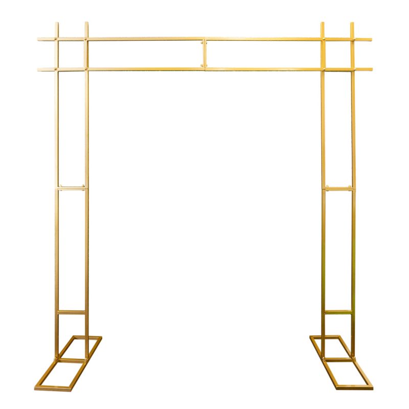*Gold Metal Square Arch*: "Gorgeous gold square metal arch adorned with floral arrangements, adding a touch of luxury to any wedding or engagement."