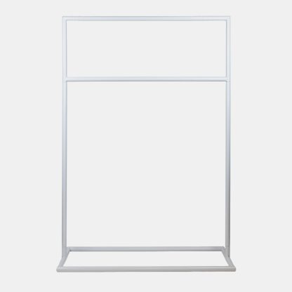 White Double Metal Signage Stand, shown without sign, ready for custom signage