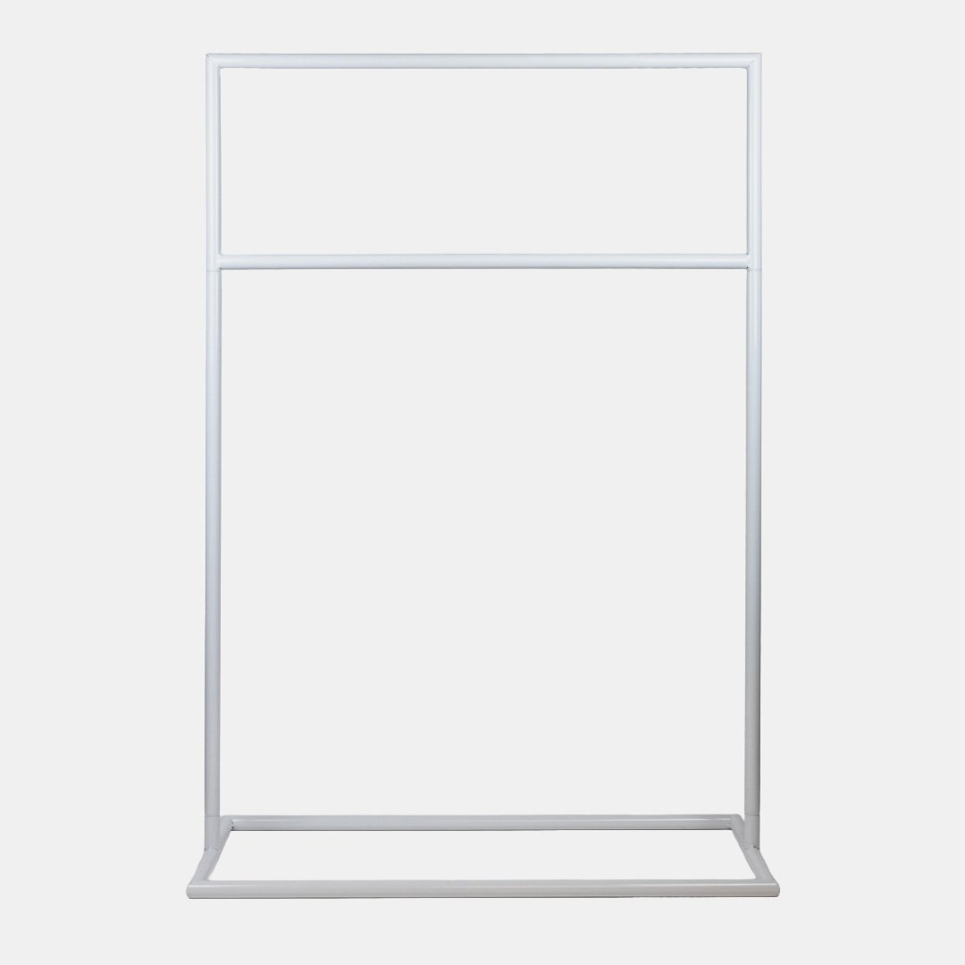White Double Metal Signage Stand, shown without sign, ready for custom signage