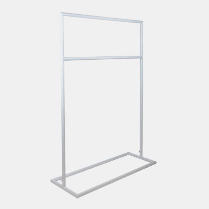 Side view of Double Metal Signage Stand showing floral display and event sign