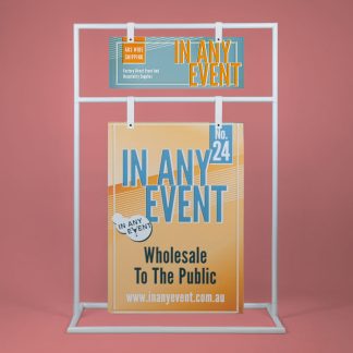 Front view of white Double Metal Signage Stand with two event signs attached