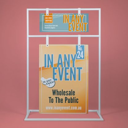 Front view of white Double Metal Signage Stand with two event signs attached