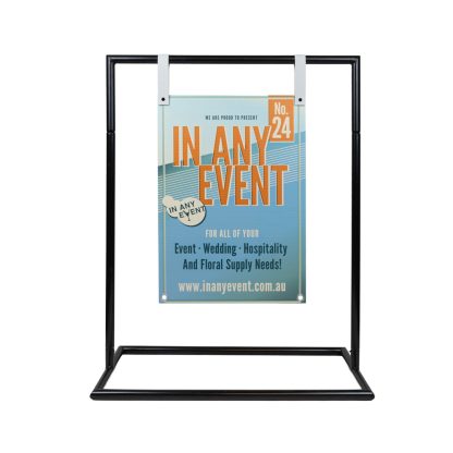 White Faux Leather Sign Hanger with Chicago Screw Securing Event Sign on Stand