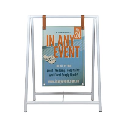 White Faux Leather Strap Close-Up Showing Secure Fit Around Metal Bar for Hanging Signs