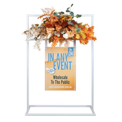 White Metal Signage Stand with Faux Leather Straps and Floral Display – Ideal for Wedding and Event Signs