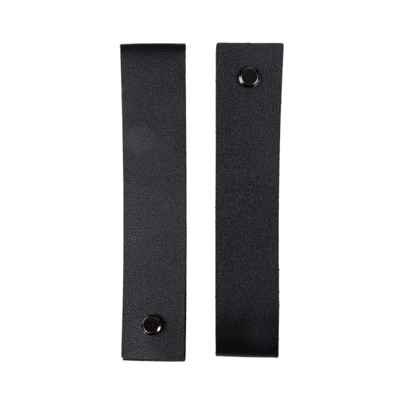 Detailed View of Black Faux Leather Straps with Chicago Screws for Signage Stands