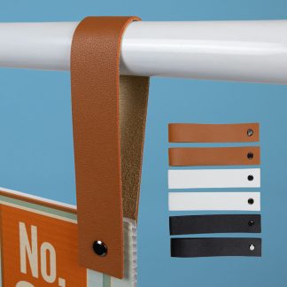 Tan Faux Leather Sign Hanger Looping Over White Stand – Perfect for Wedding and Event Signs
