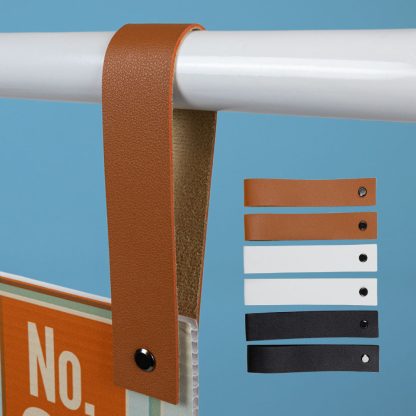 Tan Faux Leather Sign Hanger Looping Over White Stand – Perfect for Wedding and Event Signs