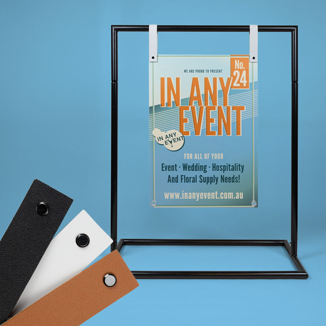 Tan, White, and Black Faux Leather Signage Straps Displayed with Event Sign – Hanging Signage Accessory Set