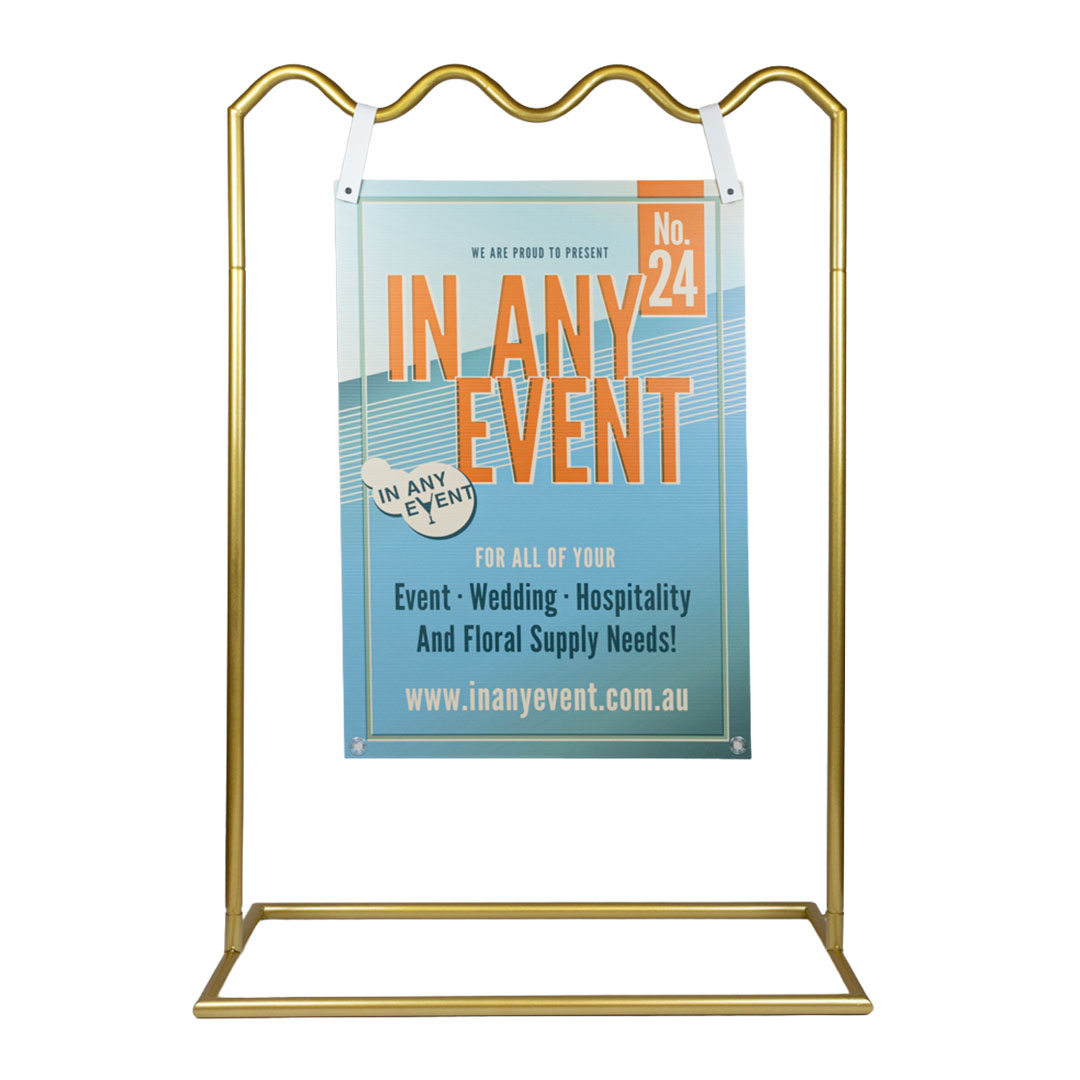 Wave Signage Stand in Gold with Hanging Event Sign - Ideal for Weddings and Events