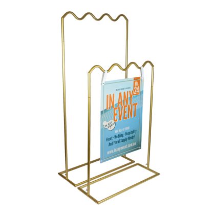 Two Gold Wave Signage Stands, One with Event Sign - Versatile Display for Events