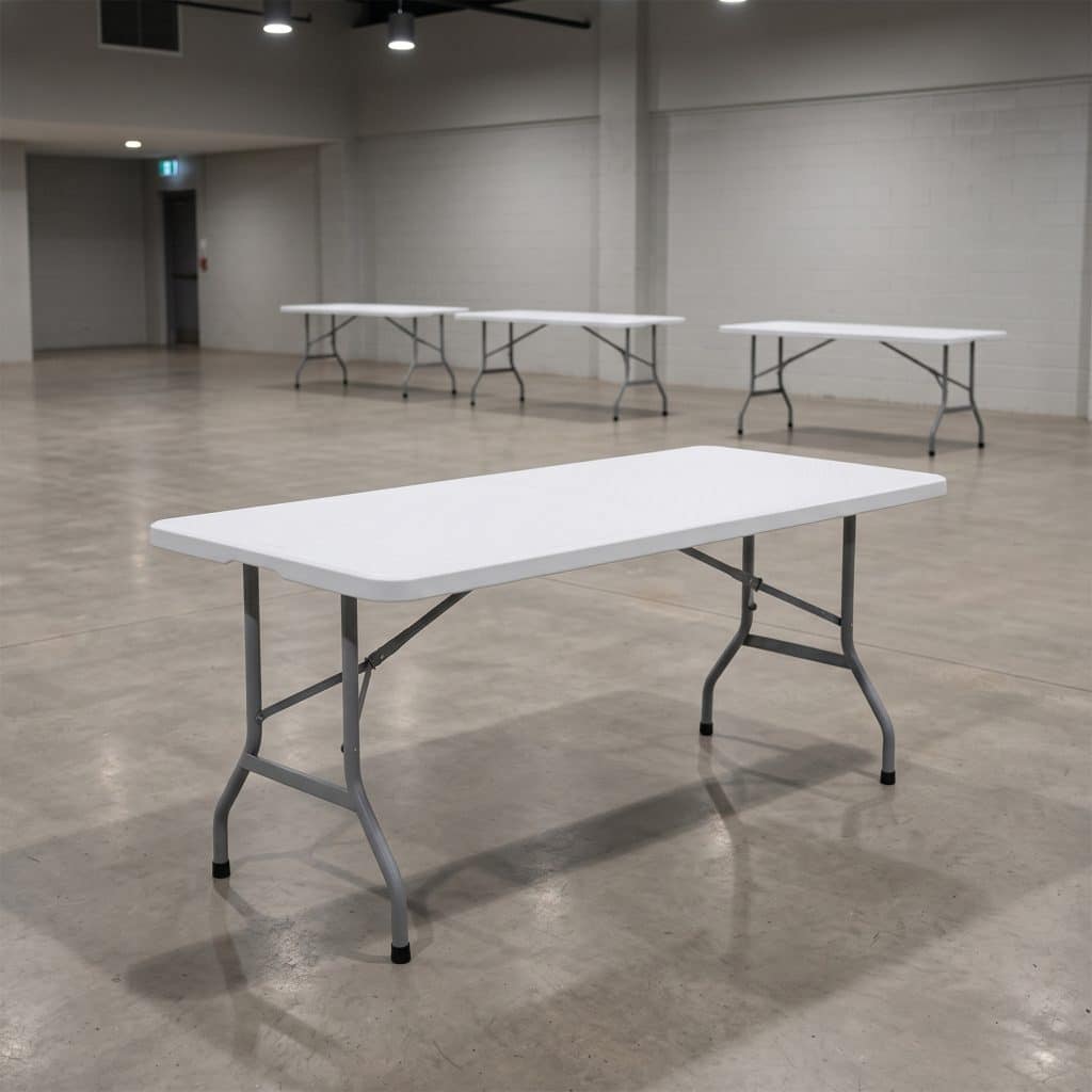 1.8m folding trestle table with grey legs in an empty function hall, with three more tables set up behind it