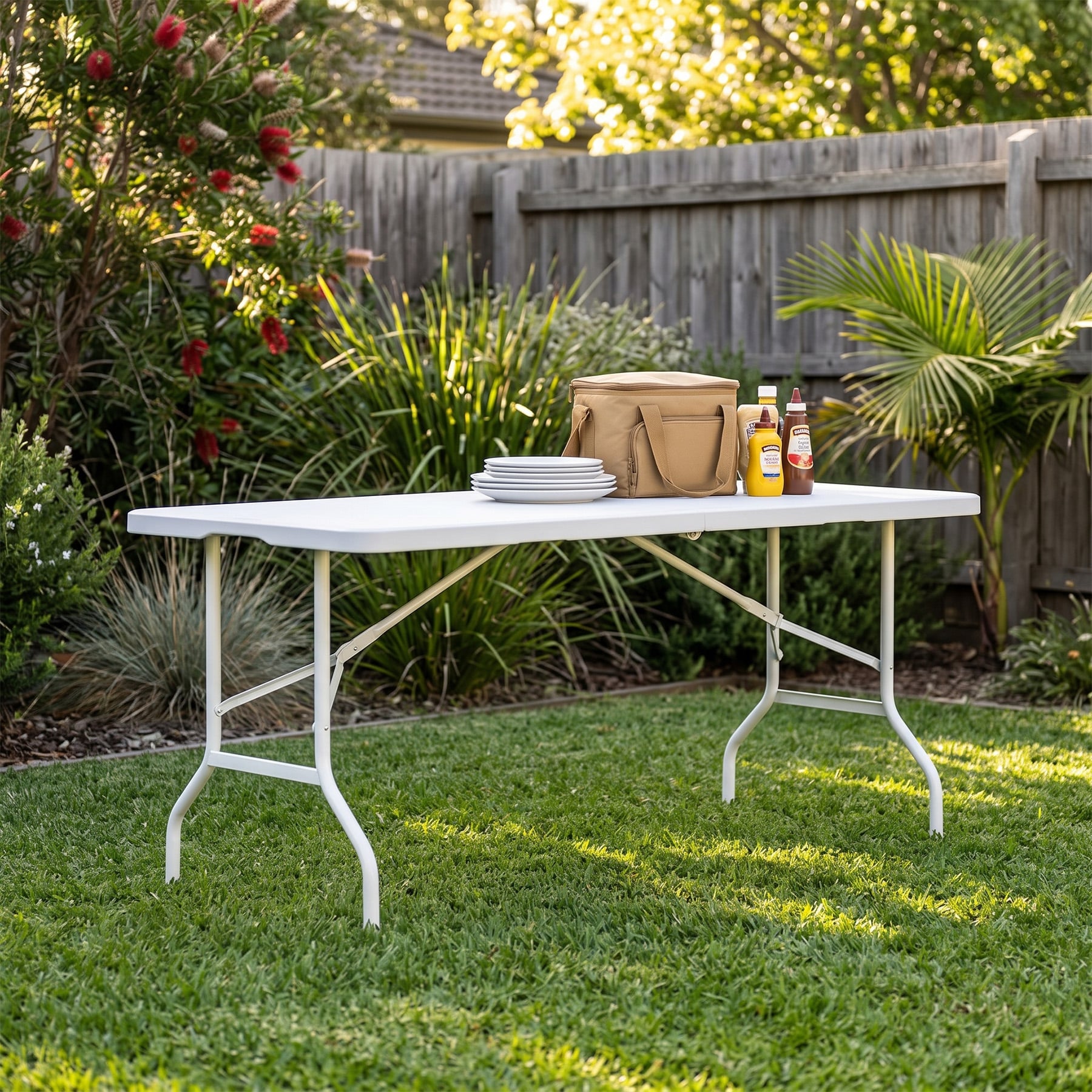 1.8m folding trestle table with white legs set up on a backyard lawn, holding plates, a cooler bag and sauce bottles