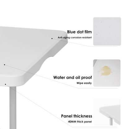 Corner details of folding trestle table with blue dot film, water and oil proof panel, and thickness