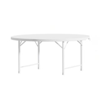 Sturdy white round folding trestle table fully set up for cafes, restaurants, or event venues