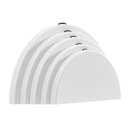 Stack of round folding trestle tables folded flat for easy storage and transport