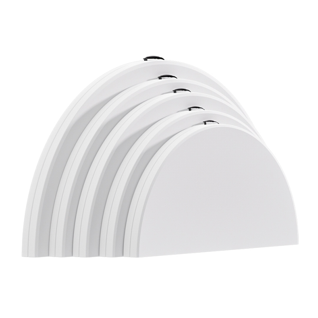 Stack of round folding trestle tables folded flat for easy storage and transport