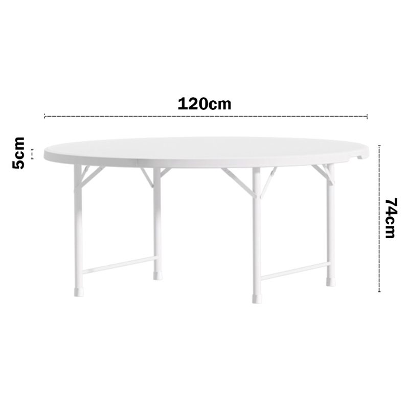 Compact 120cm round folding trestle table dimensions with width, height, and tabletop thickness shown