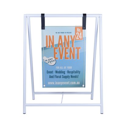 White metal A-frame sign stand with hanging event signage, perfect for weddings, shops, and cafés.