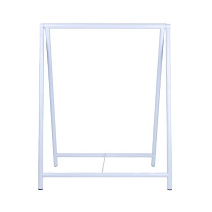 White metal A-frame signage stand empty, showing clean minimalist frame design and sturdy metal construction.