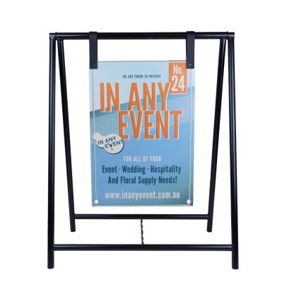 Black metal A-frame sign stand with hanging event signage, ideal for professional and modern event displays.