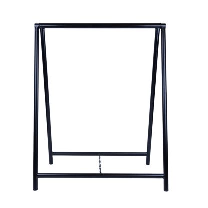 Freestanding black A-frame signage stand empty, showcasing durable metal frame suitable for event signage.