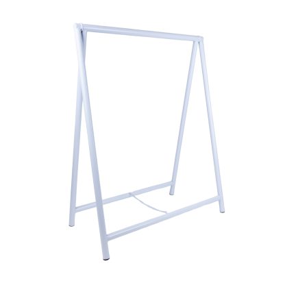 Angled side view of white freestanding metal A-frame signage stand with strong welded construction and bottom support chain.