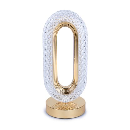 Crystal LED touch lamp with gold oval frame and diamond-pattern surface on a gold base, front view