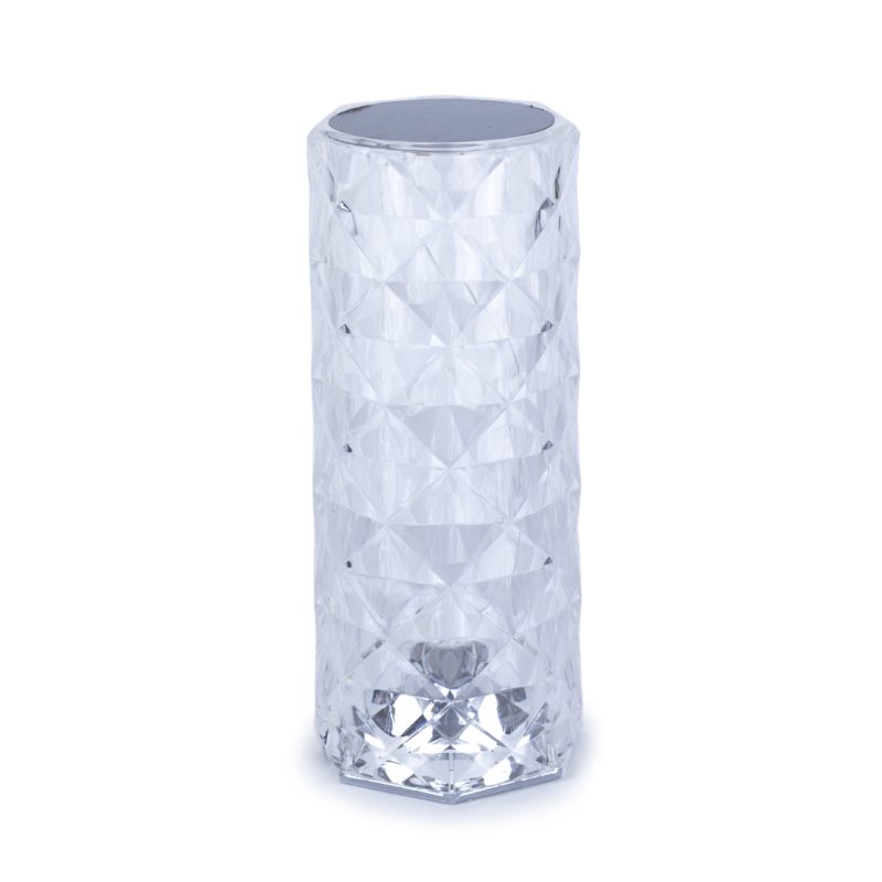 Crystal Cylinder LED Lamp standing upright showing the clear crystal-effect surface and modern cylindrical design for home or event décor.