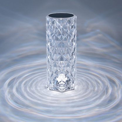 Rechargeable crystal cylinder touch lamp producing bright crystal pattern light effect ideal for centrepiece lighting and home décor.