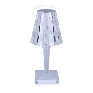 Crystal LED touch lamp with diamond pattern shade and clear base on white background, showing modern cordless table light design.