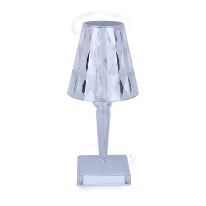 Crystal LED touch lamp with diamond pattern shade and clear base on white background, showing modern cordless table light design.